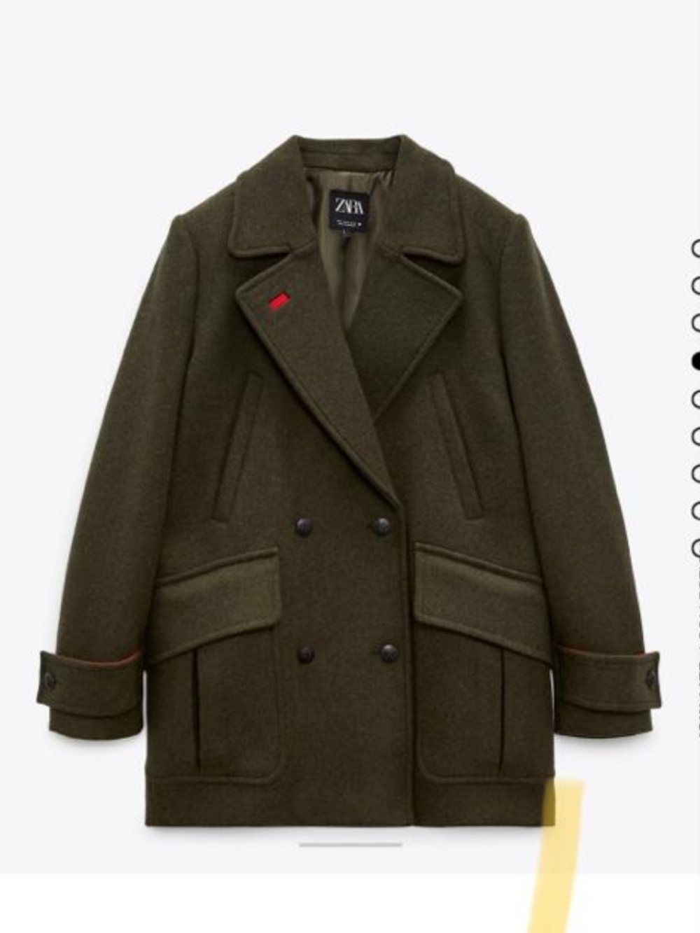 Zara Olive Green Double-Breasted Wool Coat